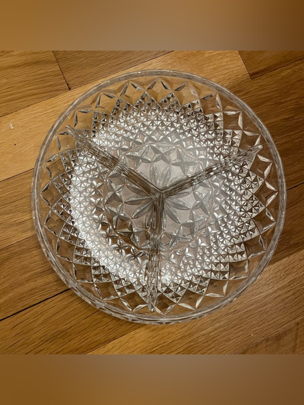 Vintage Pressed Glass Divided Relish Dish – 3 Section Bowl – Starburst Hobstar